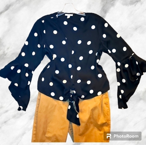 BAR III Black Polka Dot Blouse with Bell Sleeves - Picture 1 of 5